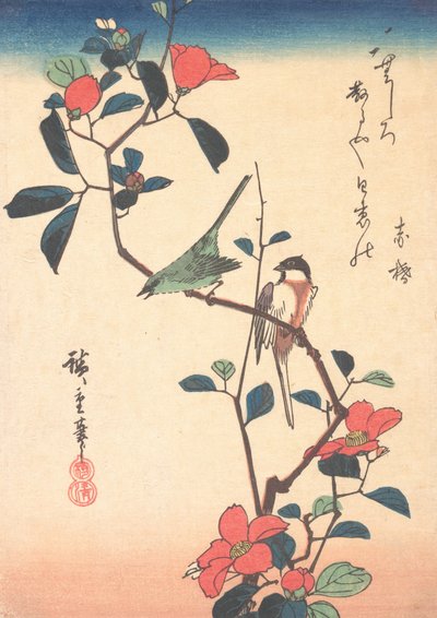 Japansk hvitøye og meise på en kameliagren, ca. 1840., ca. 1840. av Ando Hiroshige