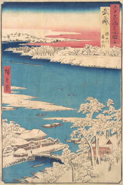 Morgen etter et snøfall, Sumida-elven, Musashi-provinsen, fra serien Views o..., ca. 1853. av Ando Hiroshige