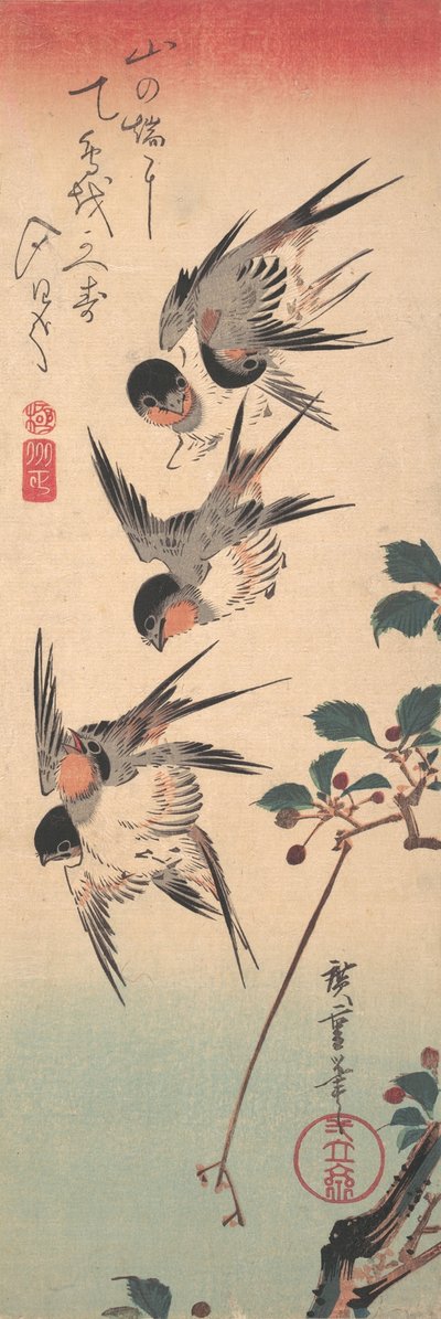 Svaler og spirende villkirsebær, ca. 1835., ca. 1835. av Ando Hiroshige