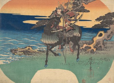 Warrior Riding Black Horse langs Sea Shore, ca. 1835., ca. 1835. av Ando Hiroshige