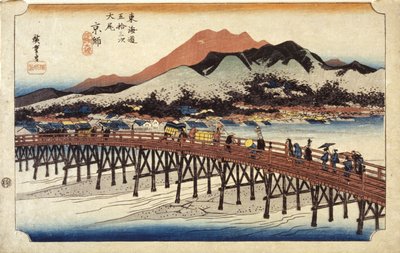 (Figurer som krysser broen) av Ando or Utagawa Hiroshige