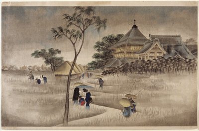 (Stor bygning med hytter under) (Samme som 17.218) av Ando or Utagawa Hiroshige