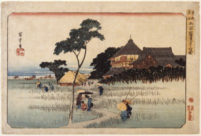(Stor bygning med hytter under) av Ando or Utagawa Hiroshige