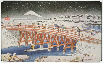 En bro i Yedo med Fuji-fjellet i bakgrunnen av Ando or Utagawa Hiroshige