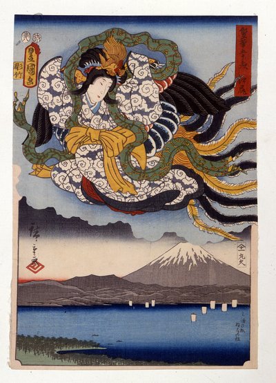 Amaterasu, solgudinnen på Fuji-fjellet av Ando or Utagawa Hiroshige