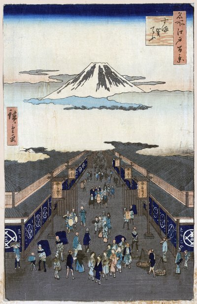 ""One Hundred Famous Views of Edo""(nåværende Tokyo): View of Surugacho (Suruga cho, Suruga-cho). Utsikt over byen Tokyo i Japan med Fuji-fjellet i bakgrunnen. (Surugacho (One Hundred Famous Views of Edo). Japansk trykk av Utagawa Hiroshige (1797-1858) av Ando or Utagawa Hiroshige