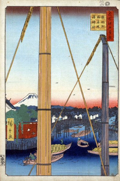 ""Hundre kjente utsikter over Edo""(dagens Tokyo): Inari-broen og Minato-tempelet i Teppozu. Utsikt over byen Tokyo i Japan med Fuji-fjellet i bakgrunnen. (Havnehelligdommen og Inari-broen ved Teppozu (Hundre kjente utsikter over Edo). Japan print av Ando or Utagawa Hiroshige