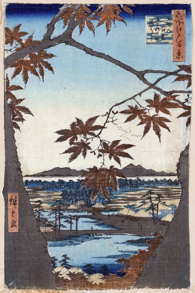 ""One Hundred Famous Views of Edo"" (Dagens Tokyo): Maple Leaves at Mama med Tekona Temple og Tsugi Bridge. Utsikt over byen Tokyo i Japan. (Maple Leaves and the Tekona Shrine and Bridge at Mama (One Hundred Famous Views of Edo). Japansk treblokktrykk av Ando or Utagawa Hiroshige