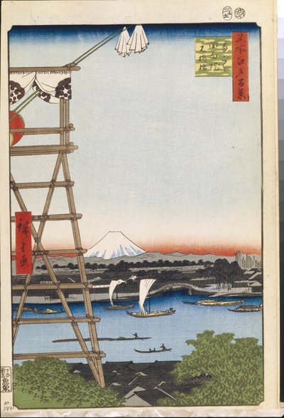 Cent vues celebres d'Edo: Ekoin-tempelet i Ryogoku og Moto-Yanagi-broen (Hundre kjente utsikter over Edo) - Hiroshige, Utagawa (1797-1858) - 1856-1858 - Fargetresnitt - State Hermitage, St. Petersburg av Ando or Utagawa Hiroshige