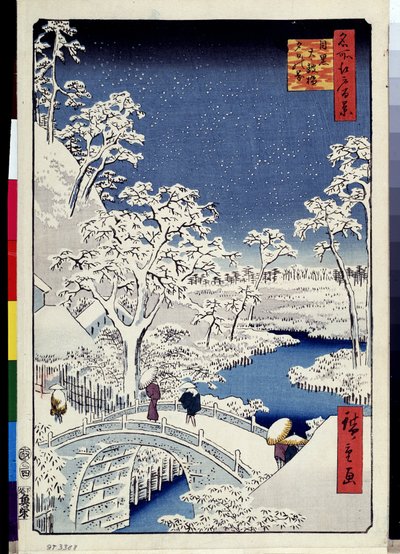 ""One Hundred Famous Views of Edo"": ""Mount Yuhi Hill and Meguro Bridge"". Landskap med snøflak. (Yuhi Hill and the Drum Bridge at Meguro (One Hundred Famous Views of Edo) Japansk trykk av Utagawa Hiroshige (1797-18 av Ando or Utagawa Hiroshige