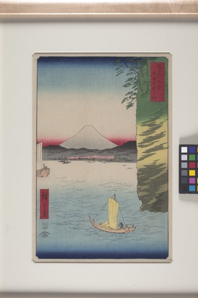 Kirsebærblomstrer ved Honmoku, Musashi-provinsen (Musashi Honmoku No Hana) (treblokktrykk i farger) av Ando or Utagawa Hiroshige