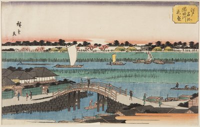 Kirsebærblomster i full blomst langs Sumida-elven (Sumidagawa hanazakari) (farget treblokktrykk) av Ando or Utagawa Hiroshige