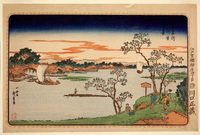 Cherry Trees in Leaf Beside the Sumida River, fra serien Famous Sites in the Eastern Capital, ca. 1831 (farget treblokktrykk) av Ando or Utagawa Hiroshige