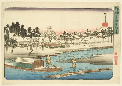 Slitasje av hånden r S w ved den første (figuren av første snøfri) av Ando or Utagawa Hiroshige