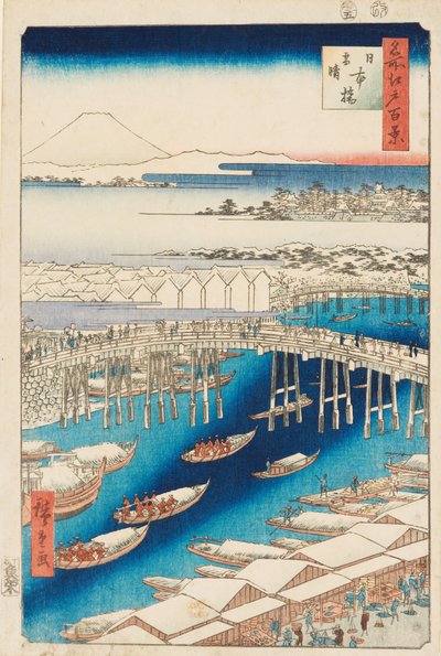 Rydding etter snø ved Nihonbashi-broen av Ando or Utagawa Hiroshige