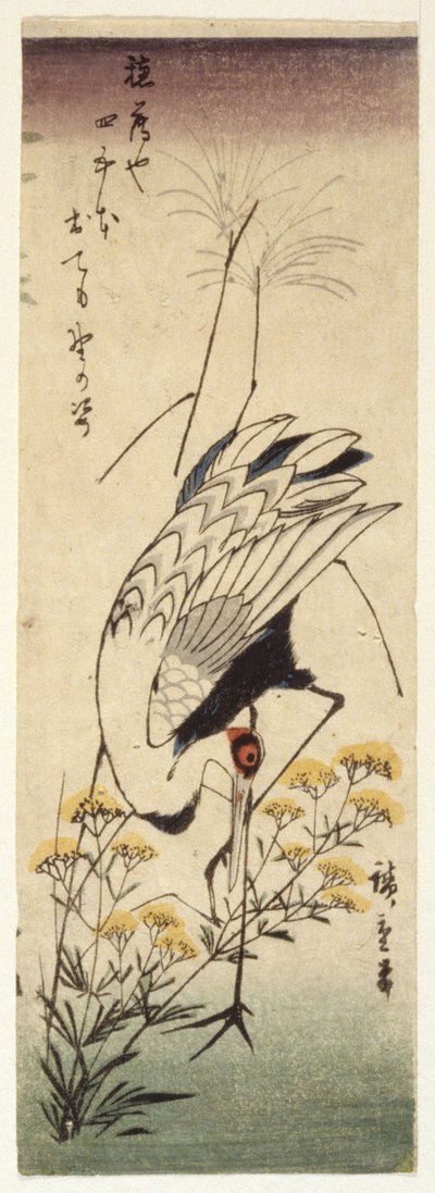 Trane med villsennep (farget treblokktrykk) av Ando or Utagawa Hiroshige