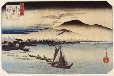 Nedstigende gjess ved Katada (farget treblokktrykk) av Ando or Utagawa Hiroshige