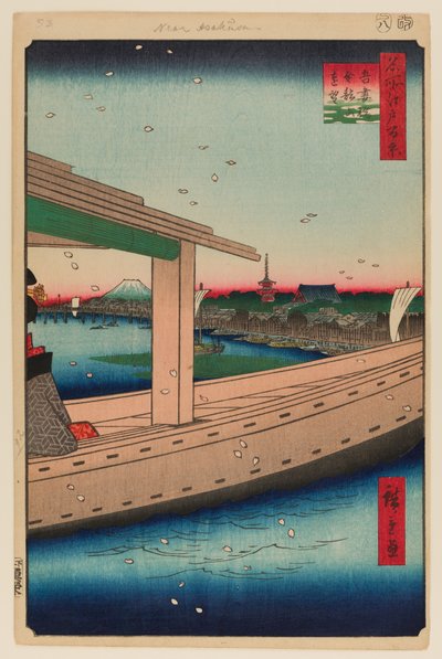 Fjern utsikt over Kinryuzan-tempelet og Azuma-broen (Azumabashi Kinryuzan Enbo) av Ando or Utagawa Hiroshige