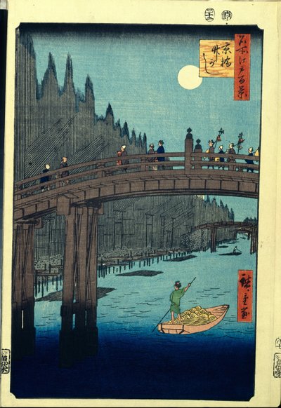 Japansk treblokktrykk: The Bamboo Wharf av Kyobashi Bridge (Tokyo, Japan). Serie hundre kjente visninger av Edo. (Bambuskaien ved Kyobashi-broen, hundre kjente utsikter over Edo). Verk av Utagawa Hiroshige (1797-1858), tresnitt (39x26 cm) av Ando or Utagawa Hiroshige