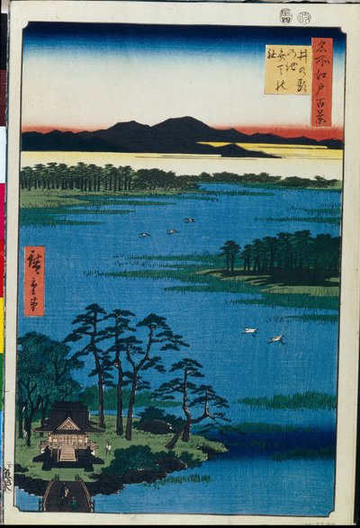 Japansk treblokktrykk: The Benten Shrine on the Shore of Lake Inokashira (Tokyo, Japan) Series hundre berømte utsikter over Edo (Benten Shrine at the Inokashira Pond, One Hundred Famous Views of Edo) - Verk av Utagawa Hiroshige (1797-1858) , tresnitt (39x2 av Ando or Utagawa Hiroshige