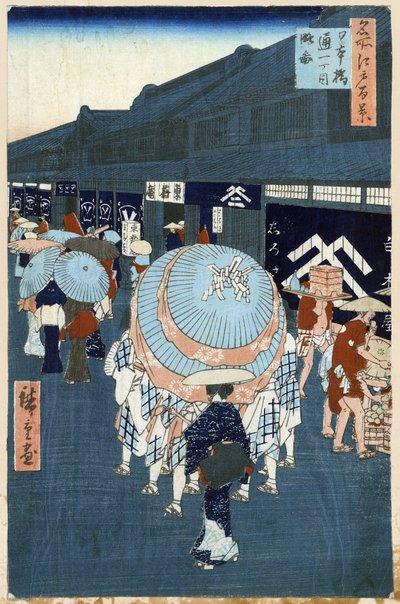 Japansk treblokktrykk: Utsikt over hovedgaten i Nihonbashidori (Tokyo, Japan). Serie hundre kjente visninger av Edo. (Utsikt over The First Street på Nihonbashidori. Ett hundre kjente utsikter over Edo). Verk av Utagawa Hiroshige (1797-1858), tresnitt av Ando or Utagawa Hiroshige