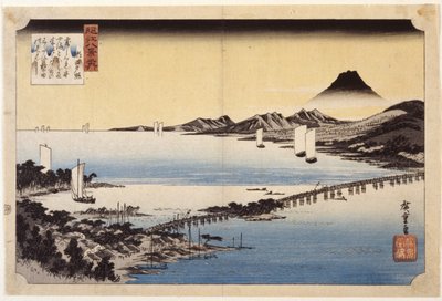 Evening Glow At Seta (farget treblokktrykk) av Ando or Utagawa Hiroshige