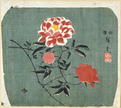 Viftetrykk: Rose av Ando or Utagawa Hiroshige