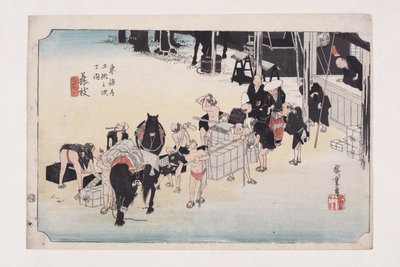 Fujieda: Changing Porters and Horses (Fujieda, jinba tsugitate) (treblokktrykk i farger) av Ando or Utagawa Hiroshige