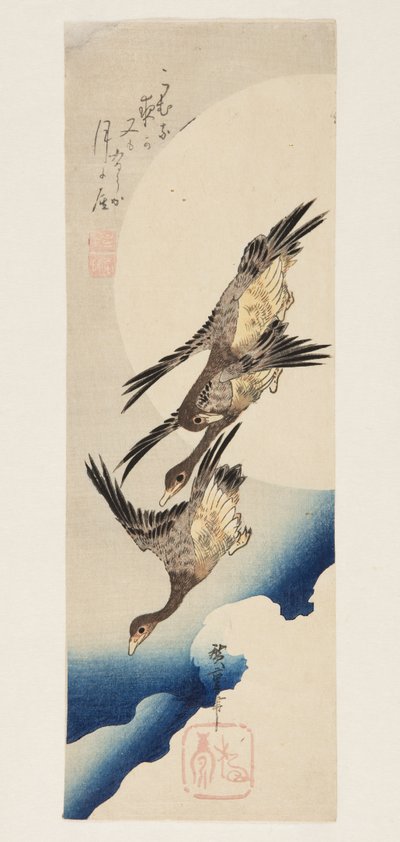 Gjess som flyr over fullmåne (farget treblokktrykk) av Ando or Utagawa Hiroshige
