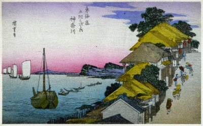 Geografi. Japan. Kanagawa (4. stasjon). Tresnitt av Hiroshige i: Fifty Three Stations of the Tokaido (1833-1834). Postkort, Japan, ca. 1900 (postkort) av Ando or Utagawa Hiroshige