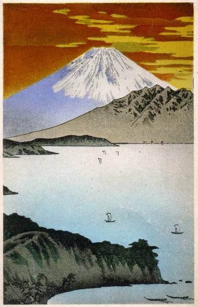 Geografi. Japan. Soloppgang på Fuji-fjellet. Tresnitt av Hiroshige i: Fifty Three Stations of the Tokaido (1833-1834). Postkort, Japan, ca. 1900 (postkort) av Ando or Utagawa Hiroshige