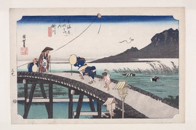 Kakegawa: Utsikt over Akiba-fjellet (Kakegawa, Akiba-san enb?) (farget treblokktrykk) av Ando or Utagawa Hiroshige