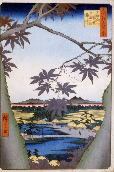 Maples to Mama med Tekona Temple og Tsugi Bridge. 1857. Trykk av Katswshika (Utagawa) Hiroshige (1797-1858). av Ando or Utagawa Hiroshige