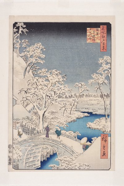 Meguro Drum Bridge og Sunset Hill (Meguro Taikobashi Y?hinooka) (treblokktrykk i farger) av Ando or Utagawa Hiroshige