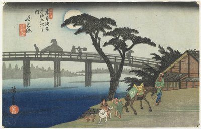 Nagakubo, nr. 28, fra serien Sixty-ni stations of the Kisokaido Highway, 186-38 (farget treblokktrykk) av Ando or Utagawa Hiroshige
