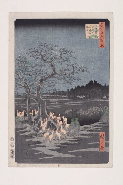 Nyttårsaften Foxfires at the Changing Tree, ?ji (?ji Sh?zoku enoki ?misoka no kitsunebi) (treblokktrykk i farger) av Ando or Utagawa Hiroshige