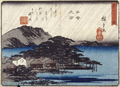 Night Rain At Karasaki (farget treblokktrykk) av Ando or Utagawa Hiroshige