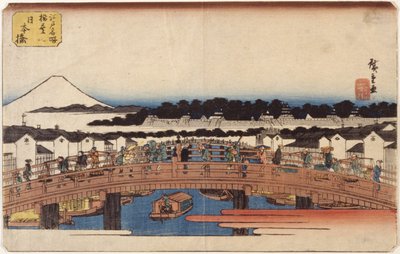 Nihonbashi (farget treblokktrykk) av Ando or Utagawa Hiroshige