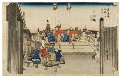 Nihonbashi: Morning View fra serien The Fifty-three Stations of the Tokaido, ca. 1831-1834 (treblokktrykk på papir) av Ando or Utagawa Hiroshige