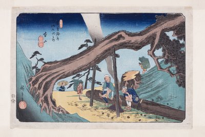 nr. 33, Motoyama (farget treblokktrykk) av Ando or Utagawa Hiroshige