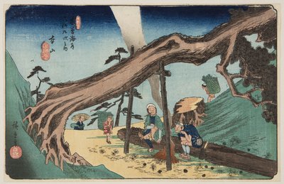nr. 33, Motoyama (farget treblokktrykk) av Ando or Utagawa Hiroshige