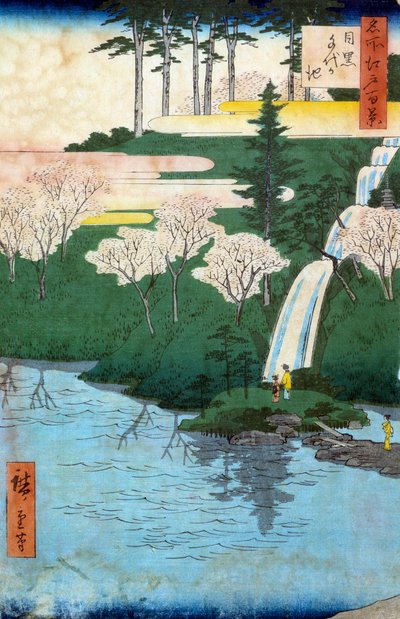 Hundre berømte utsikt over Edo; utsikt over Chiyo a Meguro-dammen. Japansk trykk av Utagawa Hiroshige (1797-1858) 1800-tallet. Privat samling av Ando or Utagawa Hiroshige