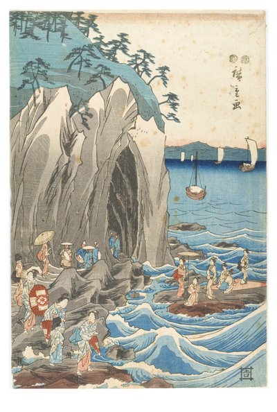 Pilgrimsreise til utstillingen av Benzaiten-statuen i hovedhelligdommen til Iwaya ved Enoshima i provinsen Sagami, ca. 1847-1852 (treblokktrykk på papir) av Ando or Utagawa Hiroshige