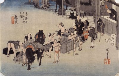 Station 23, Fujieda (farget treblokktrykk) av Ando or Utagawa Hiroshige