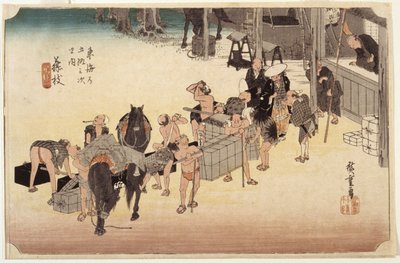 Station 23, Fujieda (farget treblokktrykk, penn, blekk, blyant) av Ando or Utagawa Hiroshige