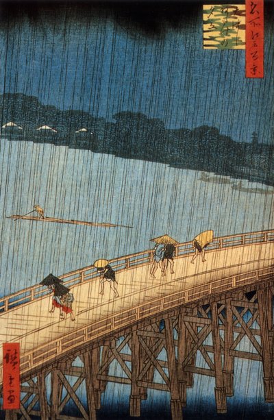 Sudden Shower (yudashi) på Ohashi Bridge, Japan, gravering av Ando Hiroshige av Ando or Utagawa Hiroshige