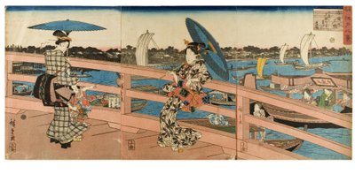 Sunset Glow at Ryogoku Bridge fra serien Eight Views of Famous Places in Edo, ca. 1843-1847 (treblokk på papir) av Ando or Utagawa Hiroshige