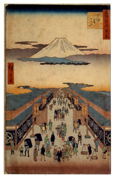 Suruga gate. En del av serien: de 53 stafettene til Tokaido. Japansk trykk av Utagawa Hiroshige (1797-1858). Coll. Reise. av Ando or Utagawa Hiroshige