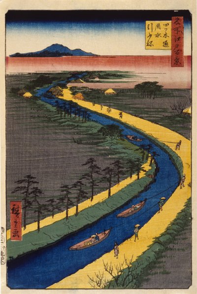 Slepebåter på Yotsugid?ri-kanalen (farget treblokktrykk) av Ando or Utagawa Hiroshige