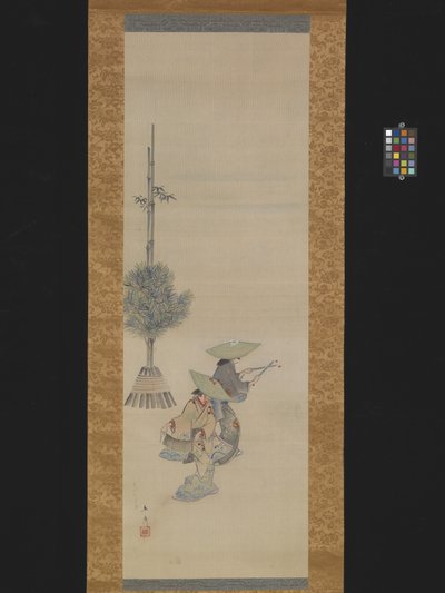 To kvinner med hatter som danser (blekk og farge på silke) av Ando or Utagawa Hiroshige